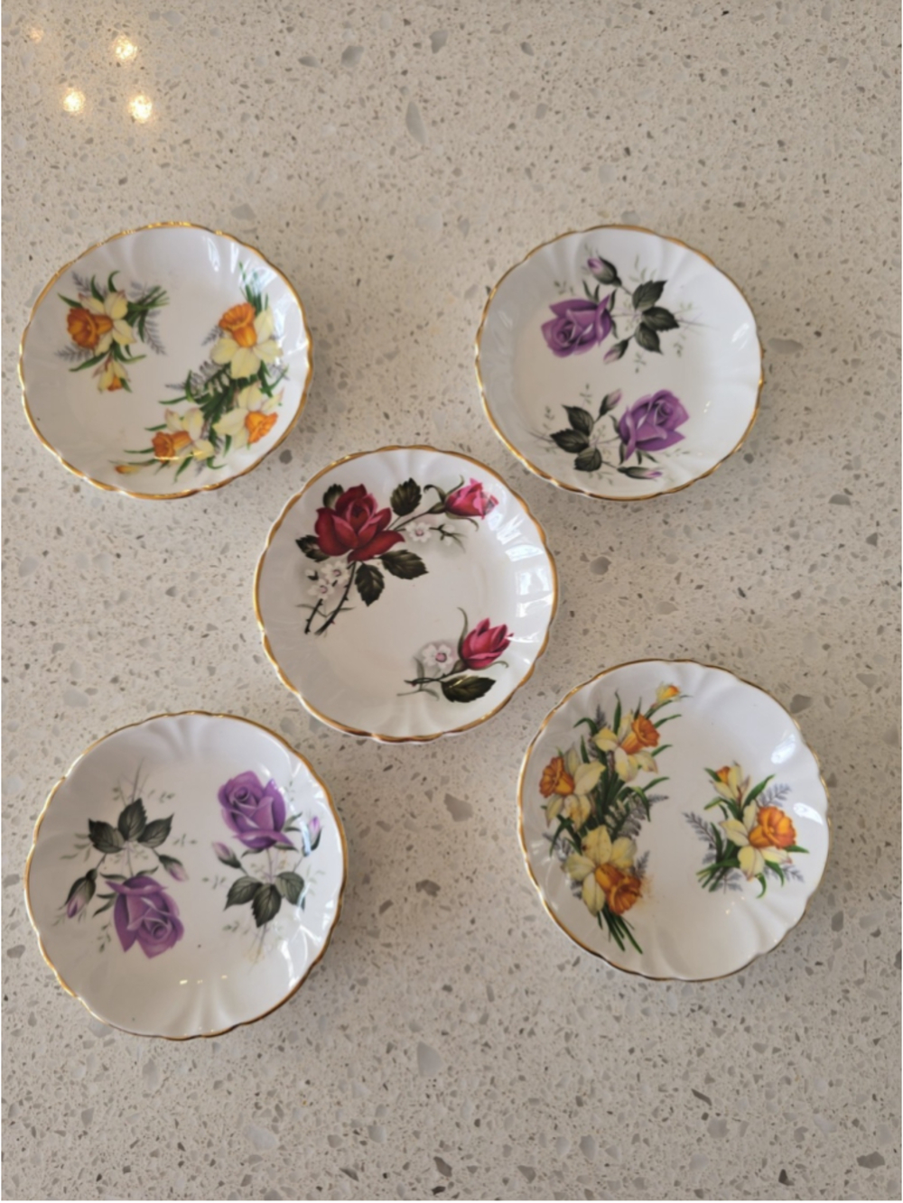 Sovereign House Set Of 5 Fine Bone China Butter Pat or Tea Bag Holders 3.5”